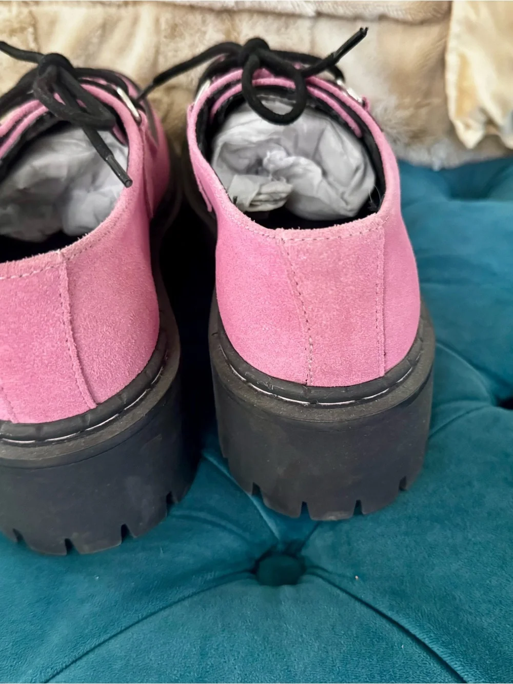 T.U.K. Pink Suede Platform Lace-Up Creepers with Black Accents